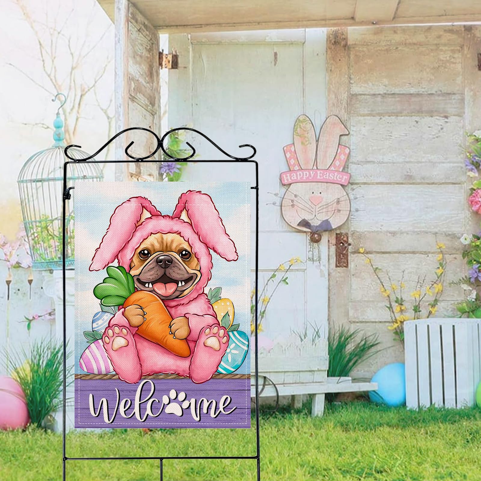 Artofy Welcome Easter Bunny Dog Large Decorative House Flag, French Bulldog
