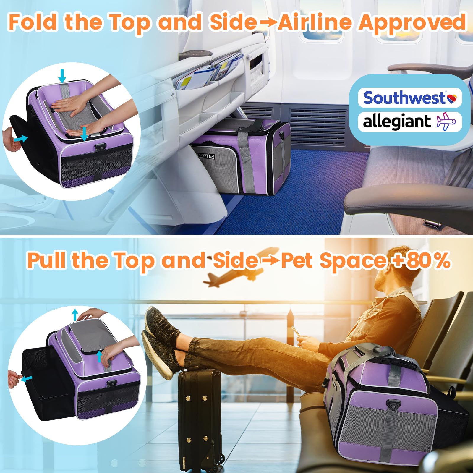 Petskd Top and Side Expandable Pet Carrier Airline Approved, Purple