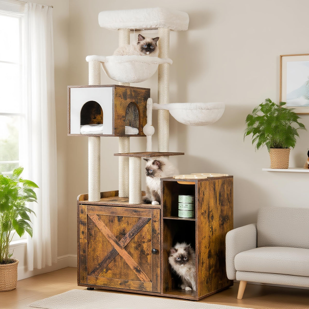 Hey-brother Cat Tree Tower, Wooden Litter Box Enclosure and Condo, MPJ115SR