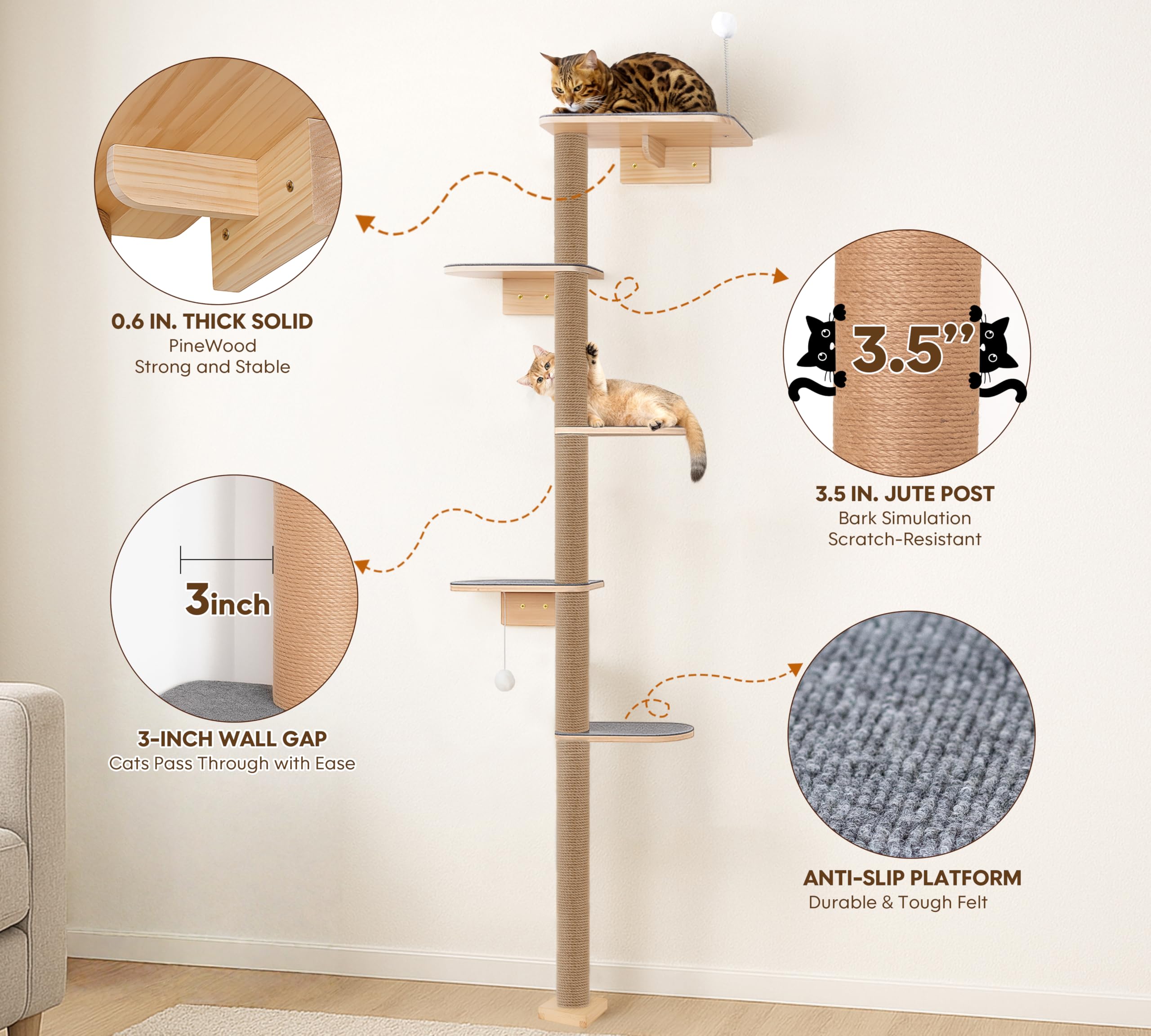 Floor to Ceiling Cat Tree for Kittens, 5-Tier Wall Mounted Cat Wall Shelves with Grey Felt Pads, Adjustable Wild Simulation Cat Tower, Natural Pine Wood Platforms for Climb, Scratch and Lookout