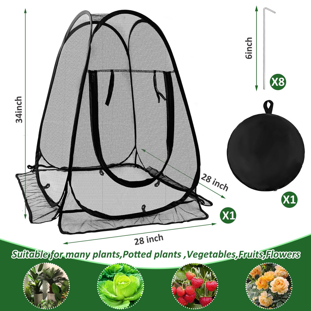 Pop Up Mesh Plant Protectors from Animals,Large Plant Netting Guard Cover with 8 Stake Crop Cage Fine Mesh Plant Tents for Protect Flower Tomato Vegetable from Deer Cat Bird Squirrel, 28x28x34 in