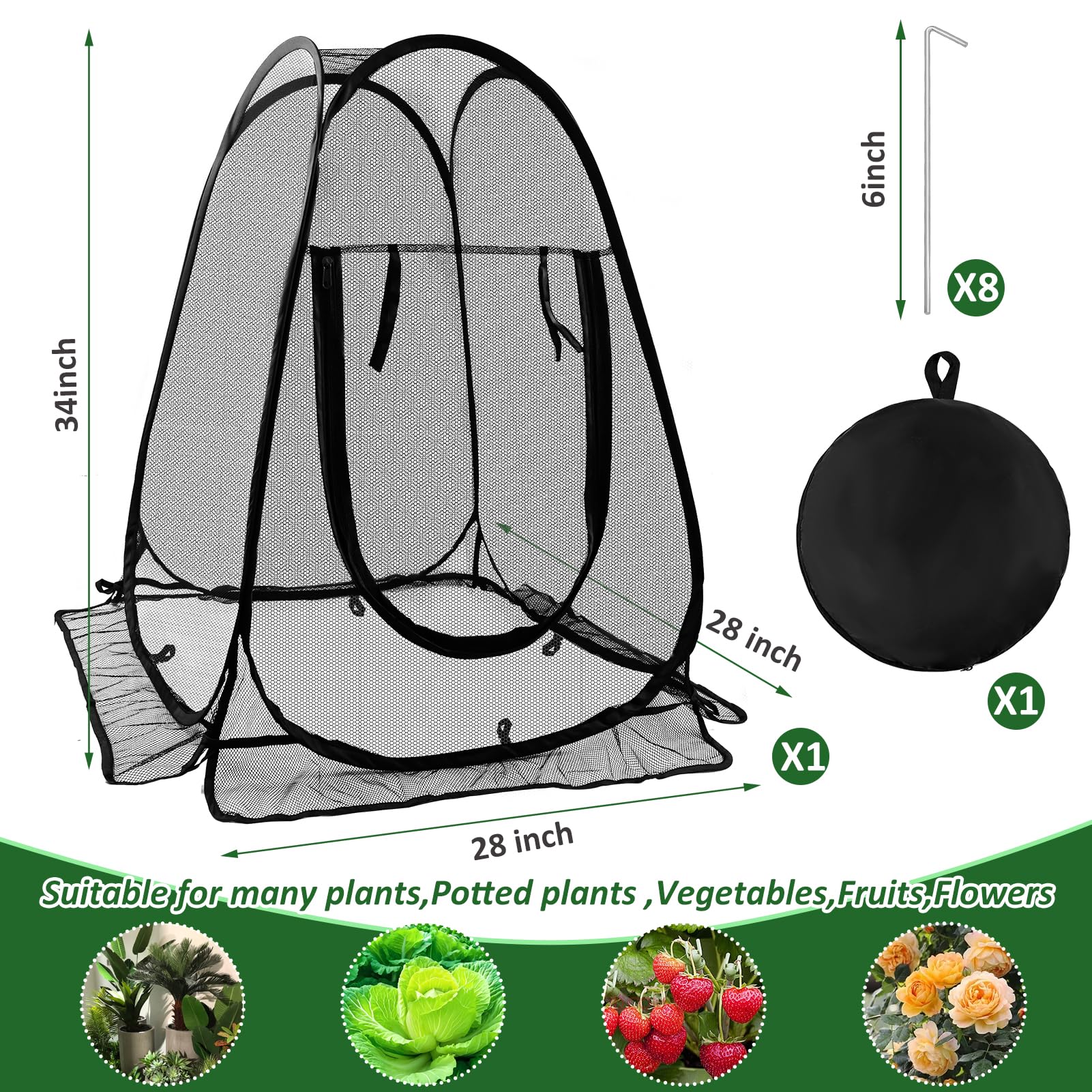 Pop Up Mesh Plant Protectors from Animals,Large Plant Netting Guard Cover with 8 Stake Crop Cage Fine Mesh Plant Tents for Protect Flower Tomato Vegetable from Deer Cat Bird Squirrel, 28x28x34 in