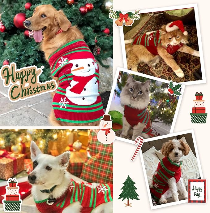 Dog Christmas Sweater Cute Snowman Puppy Cat Costume Boy Girls Xmas Holiday Pet Clothes New Year Outfits Gifts for Small Medium Large Dogs (M, Red Green Stripe Snowman)