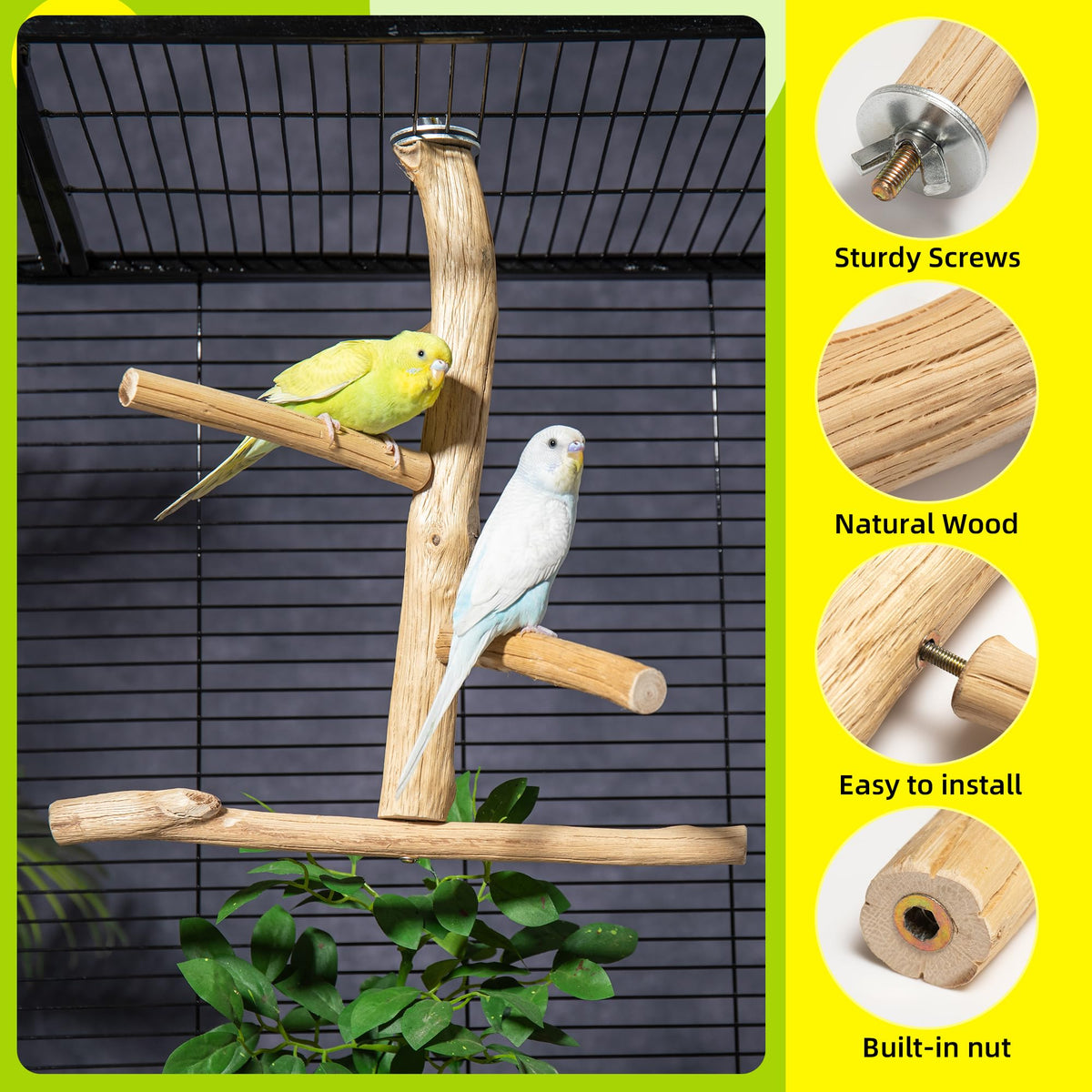 Pecirvoli Bird Perch for Top of Cage, Natural Wood Play Stand