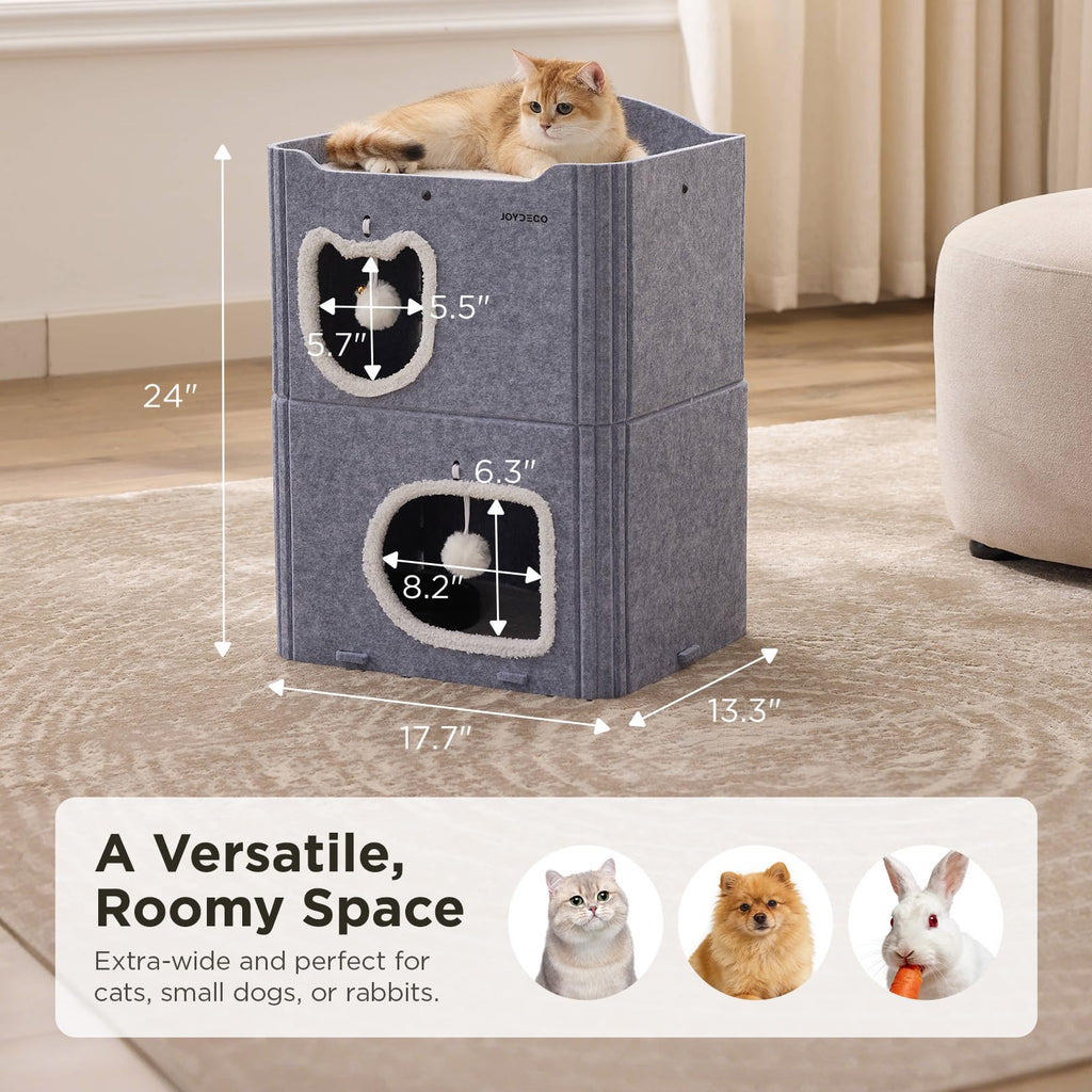 Joydeco Cat House for Indoor Cats, 2 Story Scratch Resistant Felt Cat Condo, Hideaway Pet Cave Bed with Fluffy Ball and Tunnel for Kitten, Small Dogs, Rabbits, 17.7 x 13.3 x 24, Grey