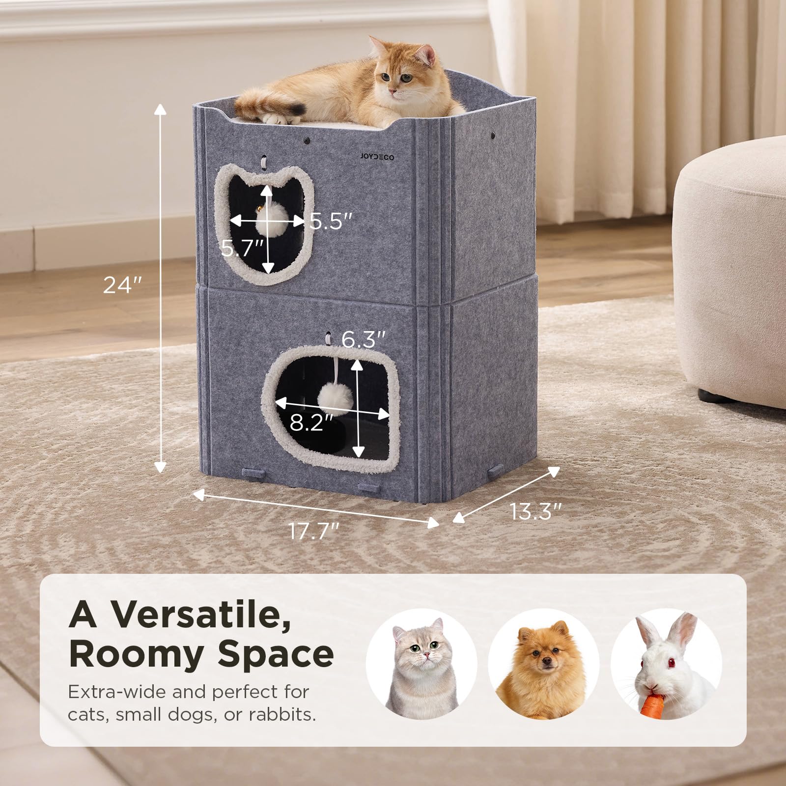 Joydeco Cat House for Indoor Cats, 2 Story Scratch Resistant Felt Cat Condo, Hideaway Pet Cave Bed with Fluffy Ball and Tunnel for Kitten, Small Dogs, Rabbits, 17.7 x 13.3 x 24, Grey