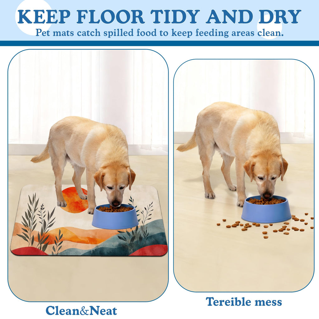 Boho Mountain Sun Pet Food Mat for Cats and Dogs–Absorbent Quick Dry Feeding Placemat, Non Slip Rubber Base, Waterproof Bowl Mat for Indoor Use, Pet Supplies 12"x20"