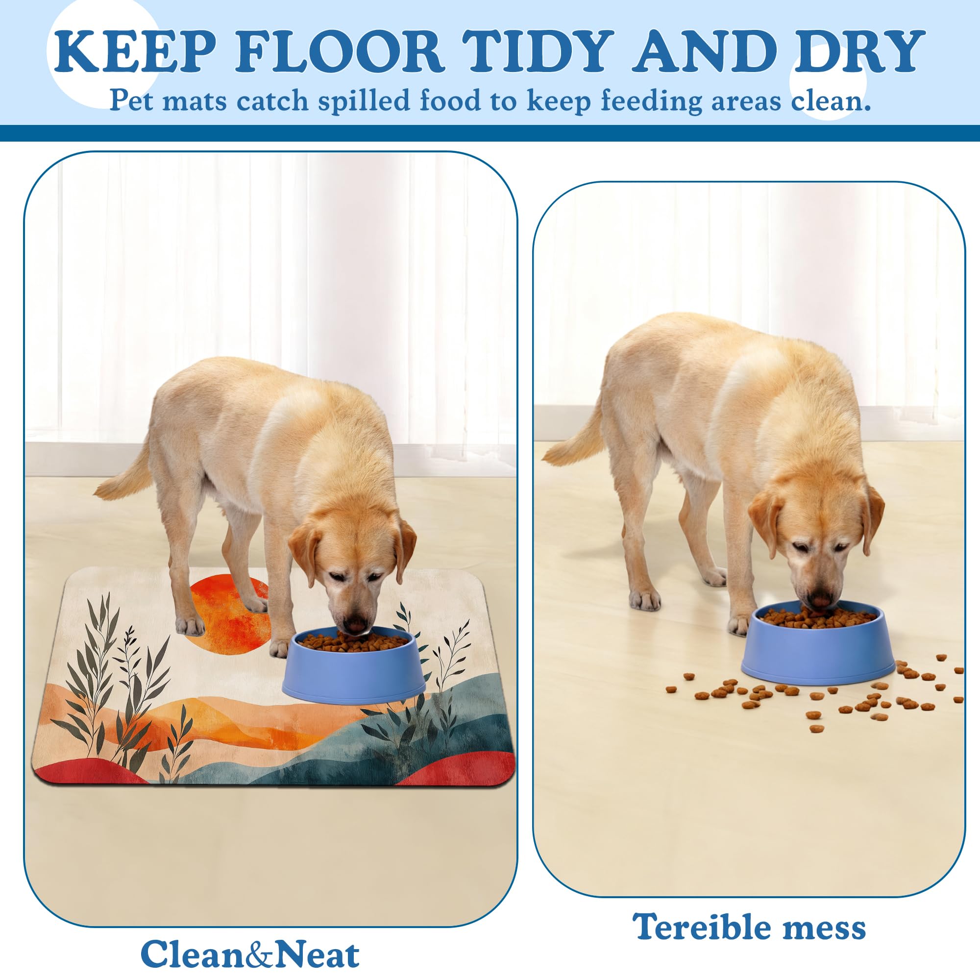 Boho Mountain Sun Pet Food Mat for Cats and Dogs–Absorbent Quick Dry Feeding Placemat, Non Slip Rubber Base, Waterproof Bowl Mat for Indoor Use, Pet Supplies 12"x20"