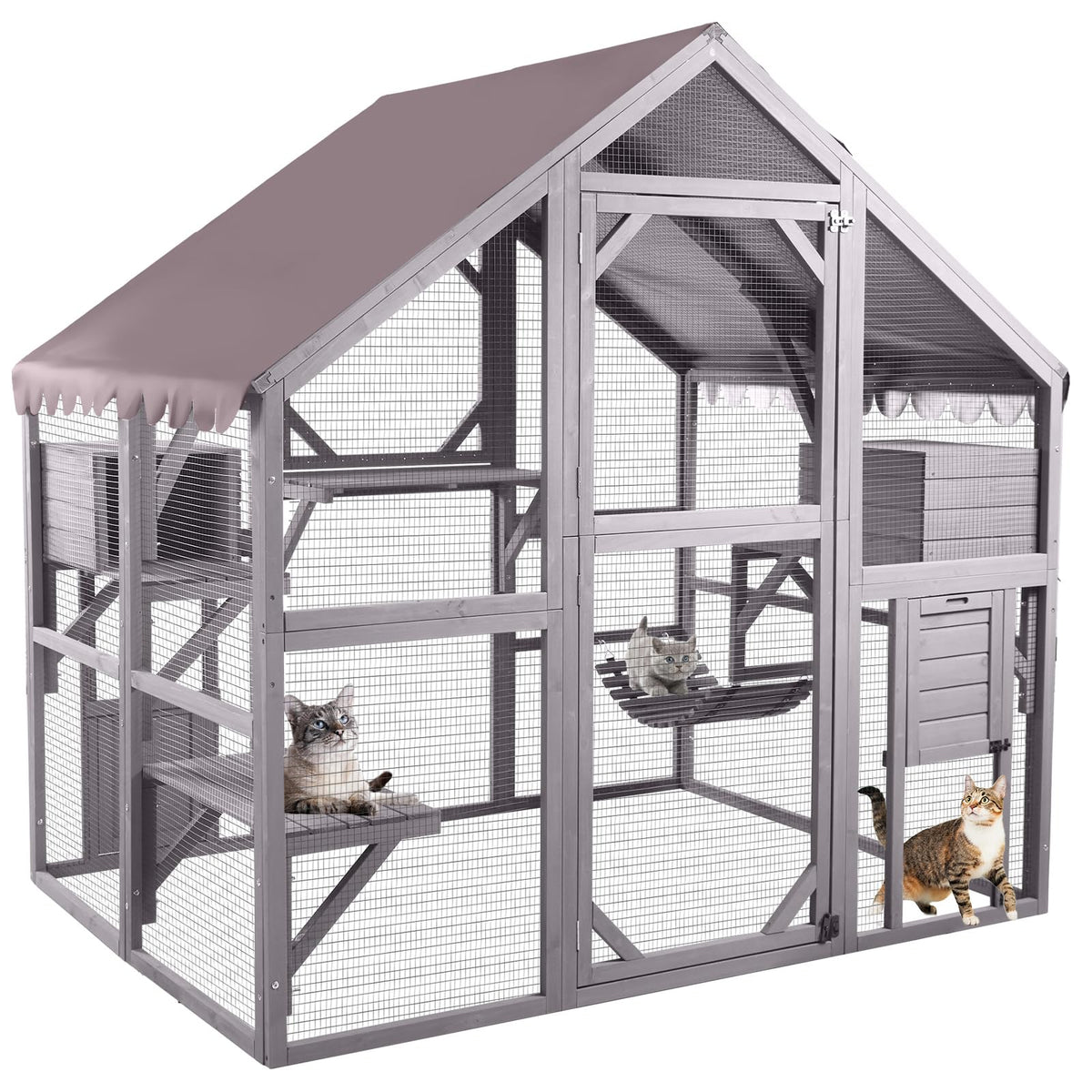 Aivituvin Catio Outdoor Cat Enclosure with 7 Platforms, 2 Resting Boxes, Large Window Cat House for 6-8 Mulitiple Cats Walk in Kitty Cage with Weatherproof Tarp Roof 71"