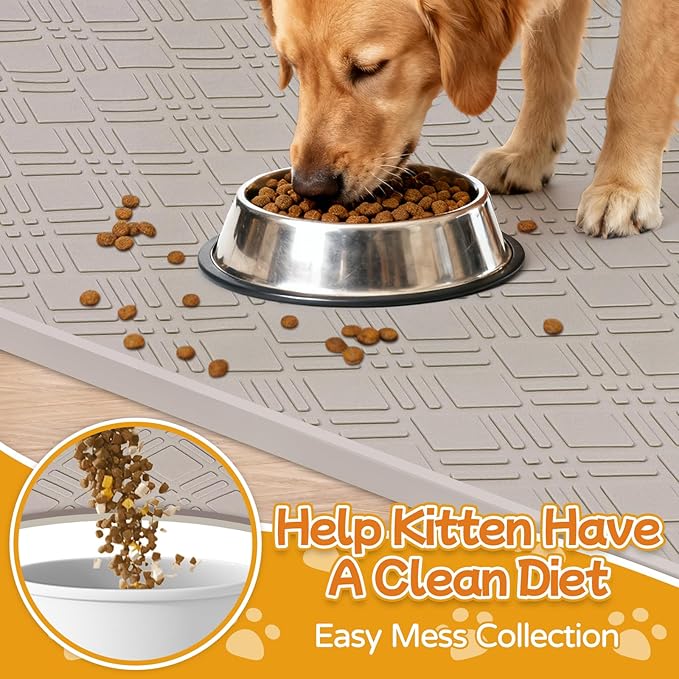 Lanstics Dog Food Mat 42" x29" Large Silicone Mat with Raised Edge Beige