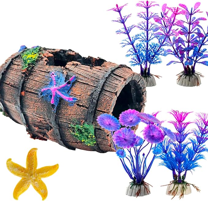 GOFYLIN Fish Tank Decoration for Aquarium Tank, Betta Fish Tank Accessories Starfish Barrel x 1pc, Aquarrium Decor Aquatic Plants x 4pcs, Aquarium Decor Starfish x 1pcs.
