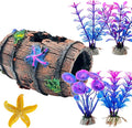 GOFYLIN Fish Tank Decoration for Aquarium Tank, Betta Fish Tank Accessories Starfish Barrel x 1pc, Aquarrium Decor Aquatic Plants x 4pcs, Aquarium Decor Starfish x 1pcs.