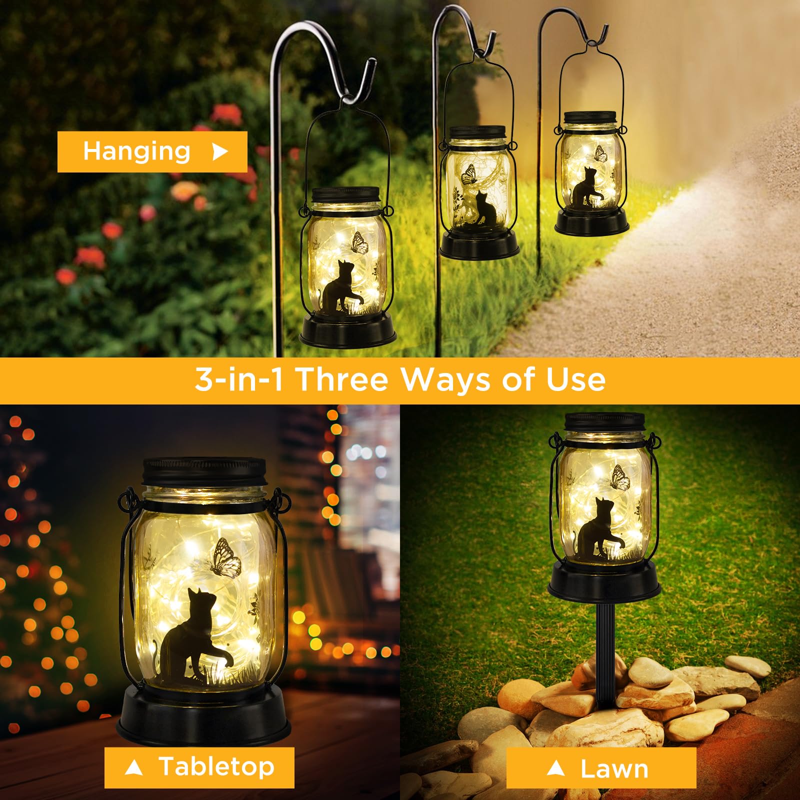 kyoryuger Cat Lover Gifts for Mom/Grandma/Women/Sister Cat Butterfly Solar Light Gifts Solar Lanterns Outdoor Waterproof Fairy Lights Led Mason Jar Hanging Cat Lamps Decor for Garden Yard Torche