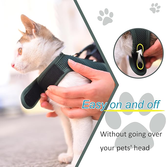 Cat Harness and Leash for Walking Escape Proof Breathable Mesh Fabric, Solid Green, Large, Adjustable Cat Walking Jackets, Padded Stylish Cat Vest