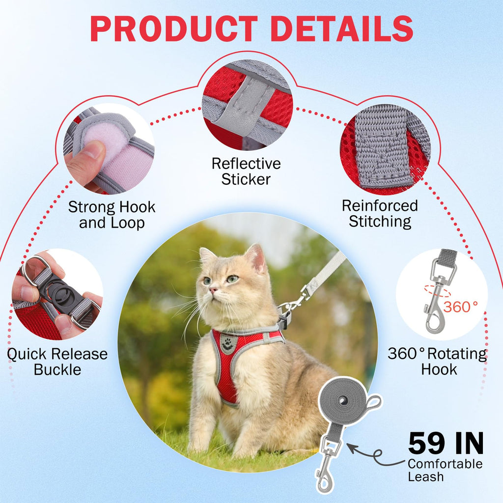 SCENEREAL Cat Harness and Leash Set Escape Proof, Adjustable Soft Air Mesh Kitten Harnesses for Girls Boys Small Medium Big Cats, Reflective Light Travel Pet Walking Vest for Puppy Rabbit, Red XL