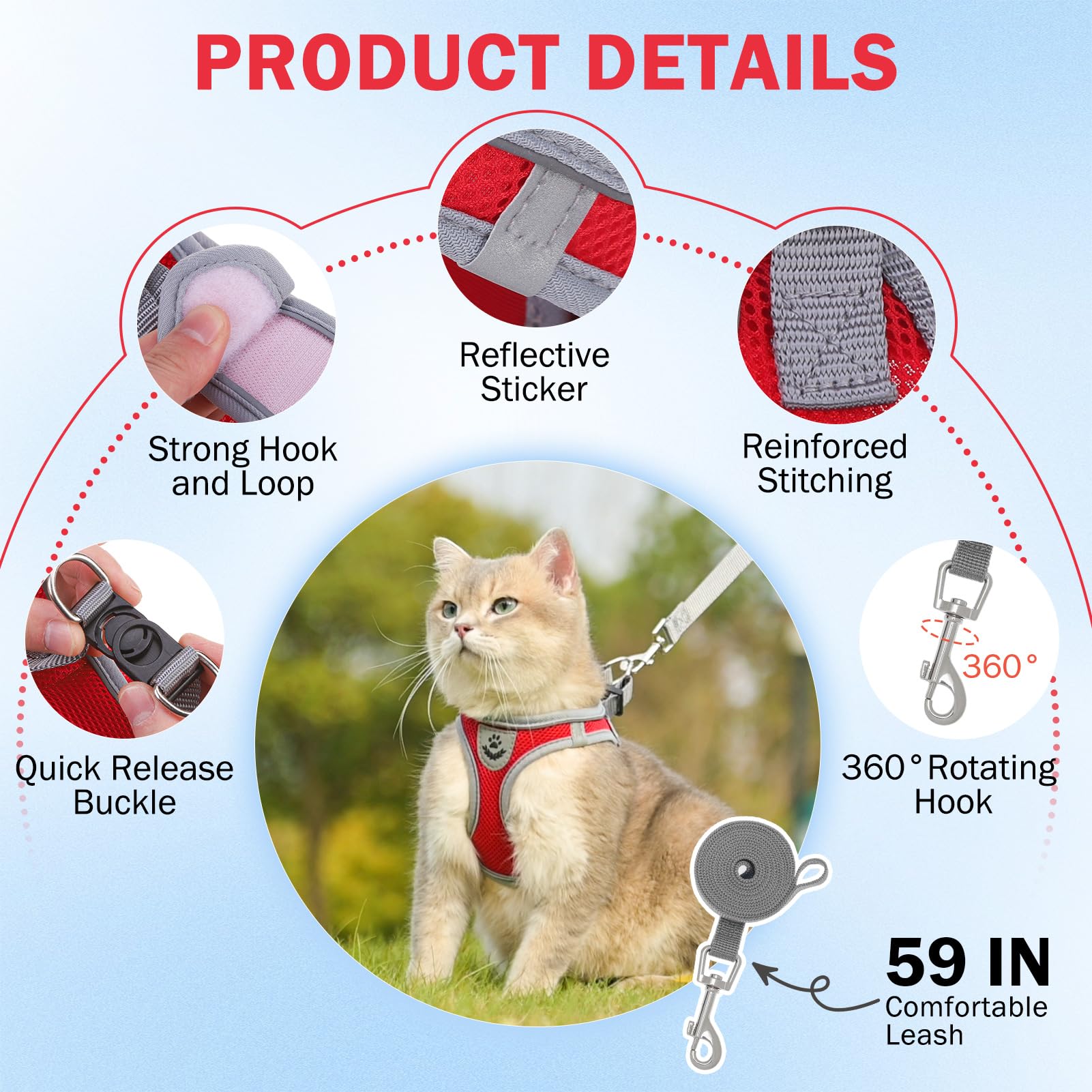 SCENEREAL Cat Harness and Leash Set Escape Proof, Adjustable Soft Air Mesh Kitten Harnesses for Girls Boys Small Medium Big Cats, Reflective Light Travel Pet Walking Vest for Puppy Rabbit, Red XL