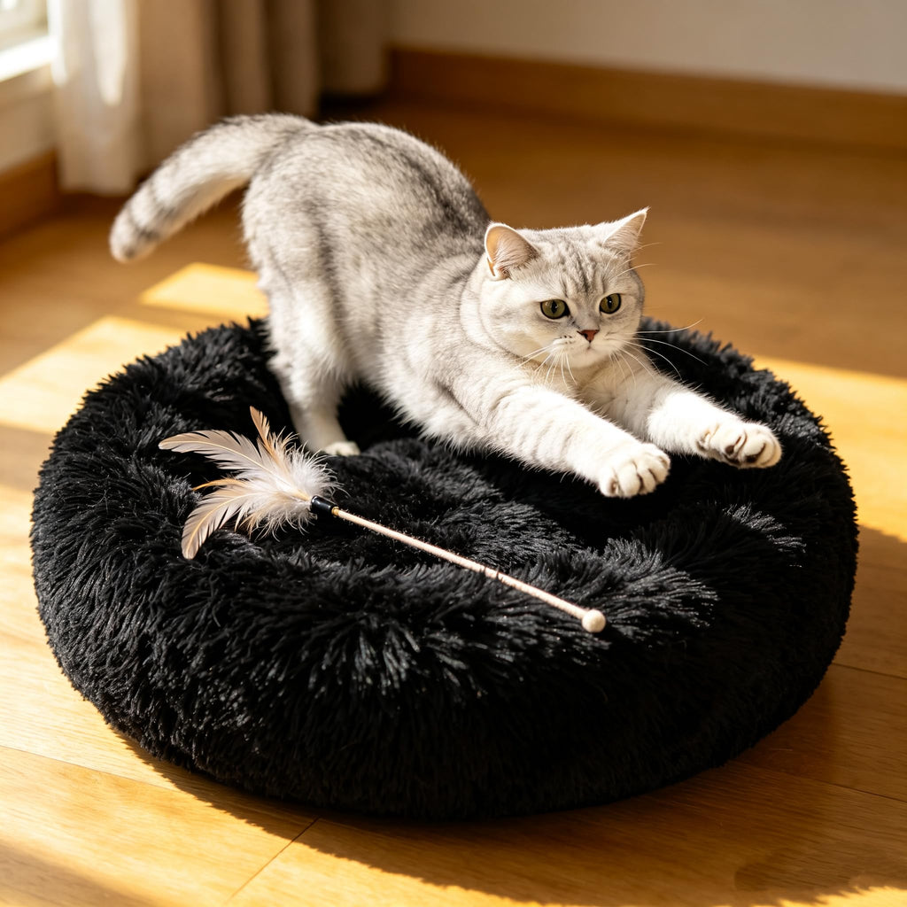 Cat Beds for Indoor Cats - Cat Bed Washable 24 inches, Dog Beds for Small Medium Dogs, Anti Anxiety Round Fluffy Plush Faux Fur Cat Bed, Thick Bottom (Dark, Large 24" L x 24" W)