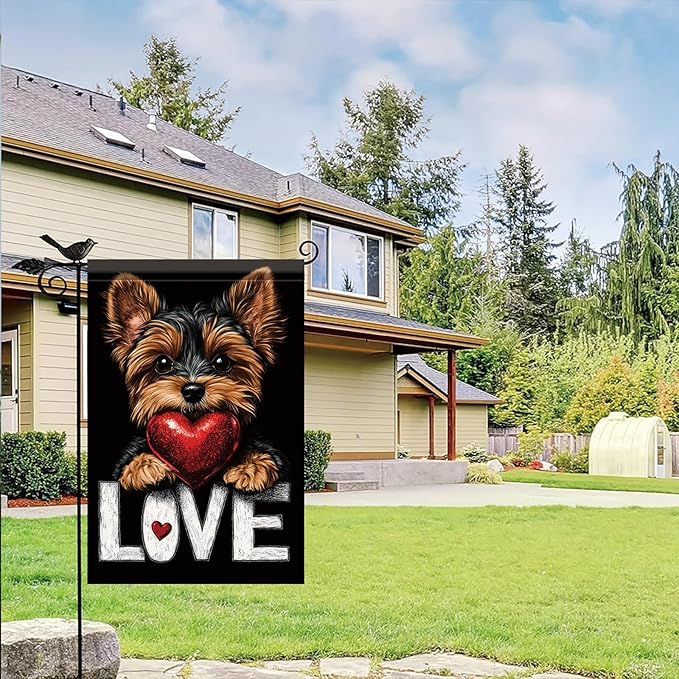 Starlit Patio Cute Kasha Dog Garden Flag Holding Red Heart Love Sign Double Sided Yard Banner 12x18 Inch Romantic Outdoor Decoration for Lawn Patio Dog Lover Gift Valentine Anniversary Seasonal Flag