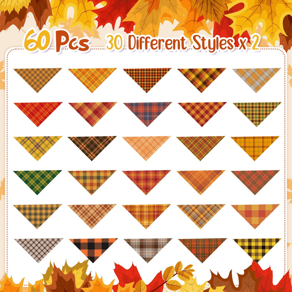 Sweetude 60 Pcs Fall Dog Bandanas Bulk Plaid Bandanas for Dogs Autumn Thanksgiving Pet Scarf Bibs Adjustable Triangle Scarves Costume Accessories Grooming Supplies for Small Medium Large