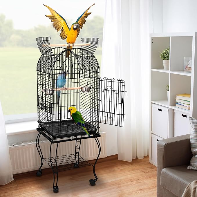 SUPER DEAL 64'' Rolling Bird Cage Large Wrought Iron Cage for Cockatiel Sun Conure Parakeet Finch Budgie Lovebird Canary Medium Pet House with Rolling Stand & Storage Shelf