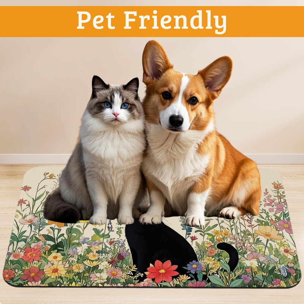 Dog Bowl Mat,Cat Black Pet Feeding Mat for Floors Waterproof,Color Flowers Absorbent Dogs Placemat for Food and Water Quick Dry Pet Cat Feeding Mats with Non Slip Bottom 12" x 20"