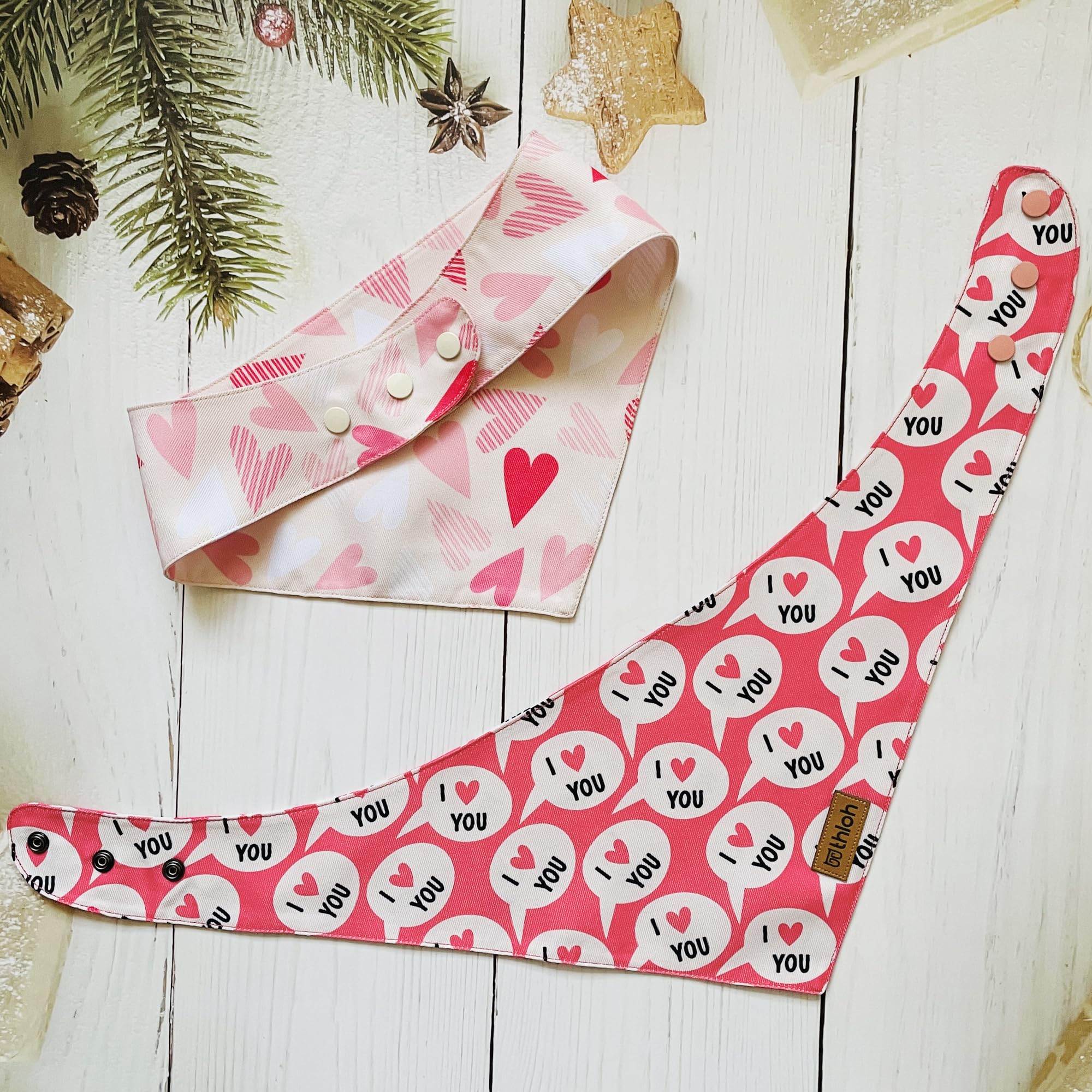 THLOH Valentines Dog Bandanas with Snap Button - 2 Pack Reversible Heart Dog Scarf for Boy & Girl, Premium Durable Fabric, Pet Bandana for Medium and Large Dogs (Large)
