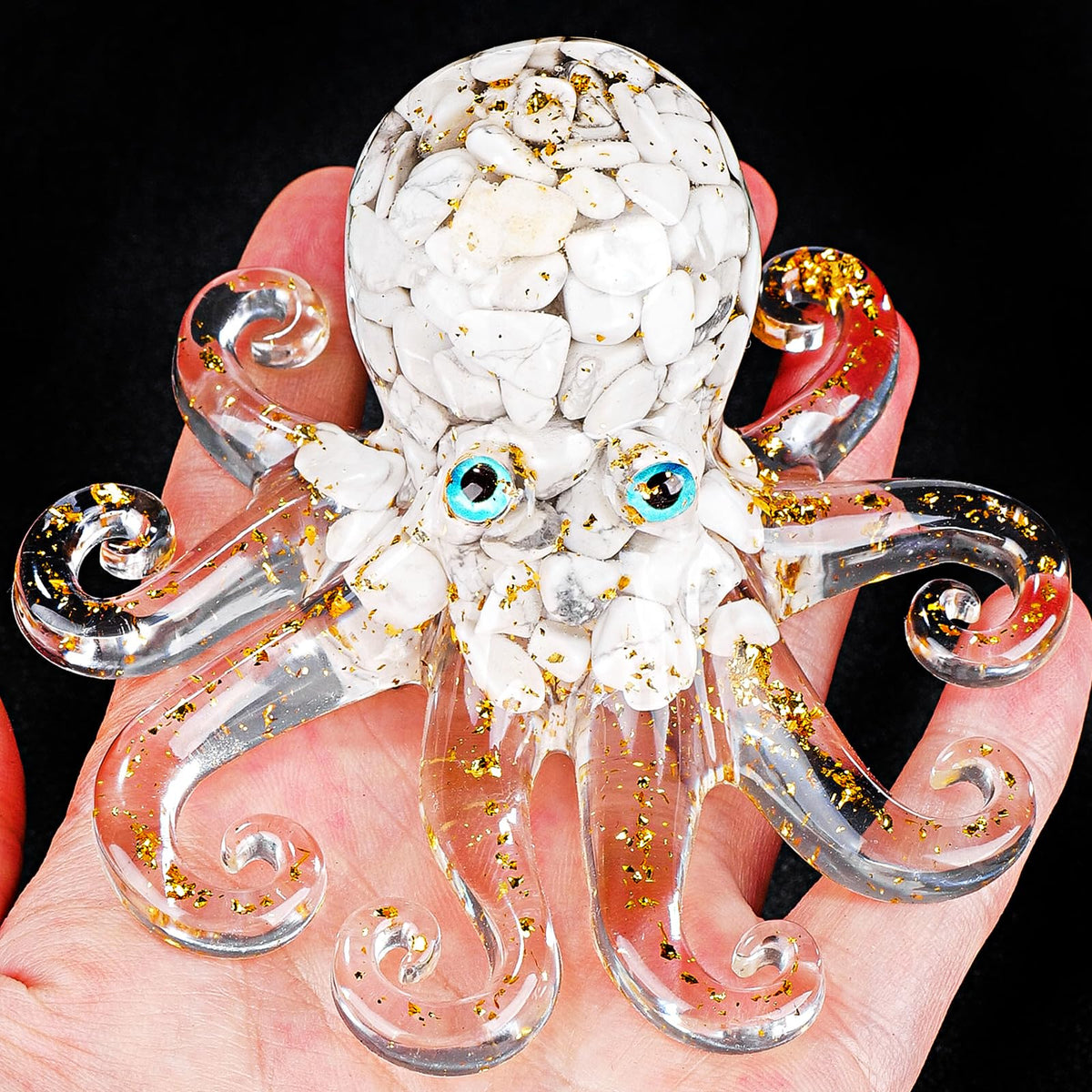 RJINGSHI Natural Crystal Gravel Octopus Resin Marine Animals Fish Tank Decorative Ornaments Octopus Statue Healing Crystal Home Decor Ladies Gift 3.93" (White-Turquoise, 3.93")