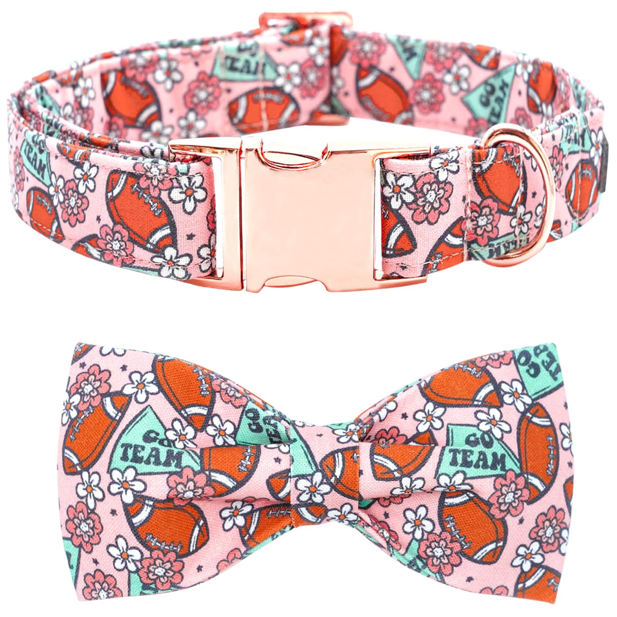 Bobo Rainbow Football & Flower Print Dog Collar with Bow for Small Dogs