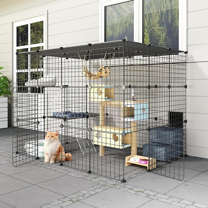 Oneluck 41 Inch Catio Outdoor Cat Enclosure with Super Large Enter Door, Balcony Cat Playpen with Platforms,DIY Outside Cat Patio Large Exercise Place Ideal for 1-3 Cats