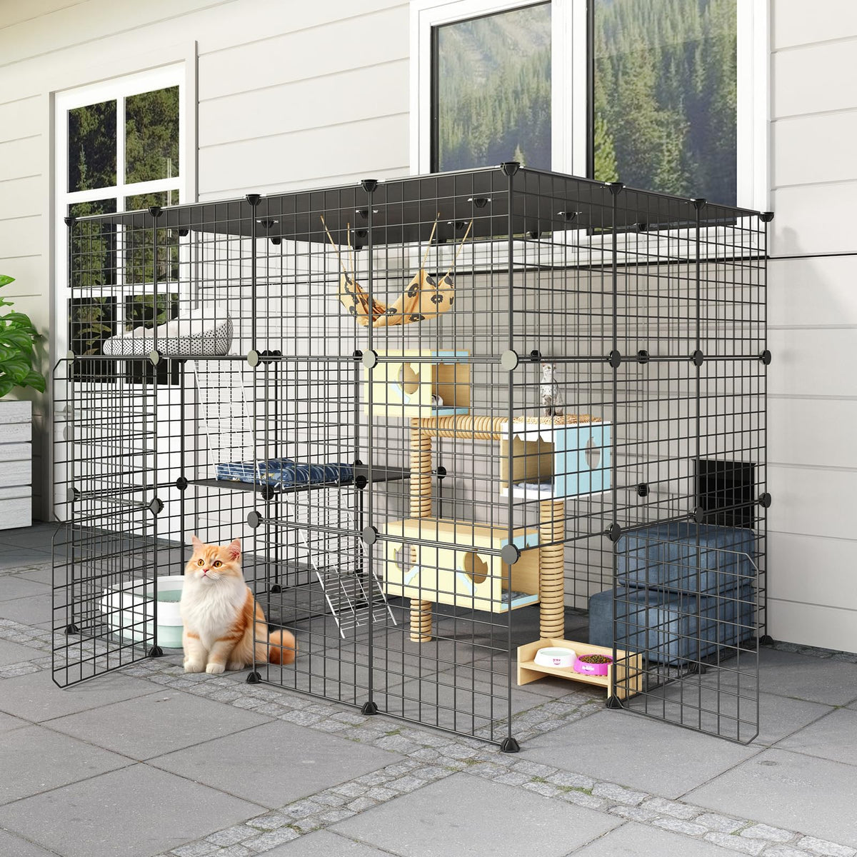 Oneluck Outdoor Cat House Cat Cages Enclosure with Super Large Enter Door, Balcony Cat Playpen with Platforms,DIY Kennels Crate Large Exercise Place Ideal for 1-3 Cats (55L x 28W x 55H)
