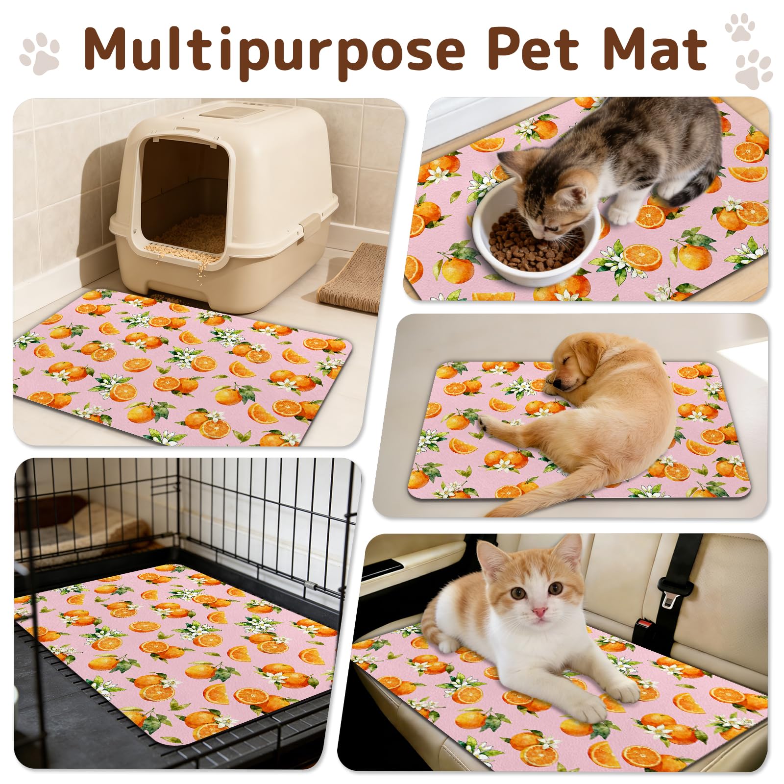 Dog Food Mat for Bowls, Absorbent Quick Dry Dog Cat Mats for Food and Water, Non-Slip Backing Pet Mat Pet Supplies - Orange Pattern