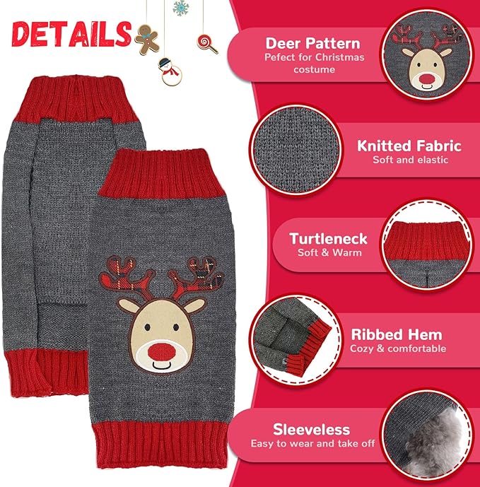 Dog Christmas Sweater Xmas Pet Clothes Cute Gray Reindeer Holiday Puppy Cat Costume New Year Gifts for Small Medium Large Dogs Jumpers (XXL, Gray Reindeer)