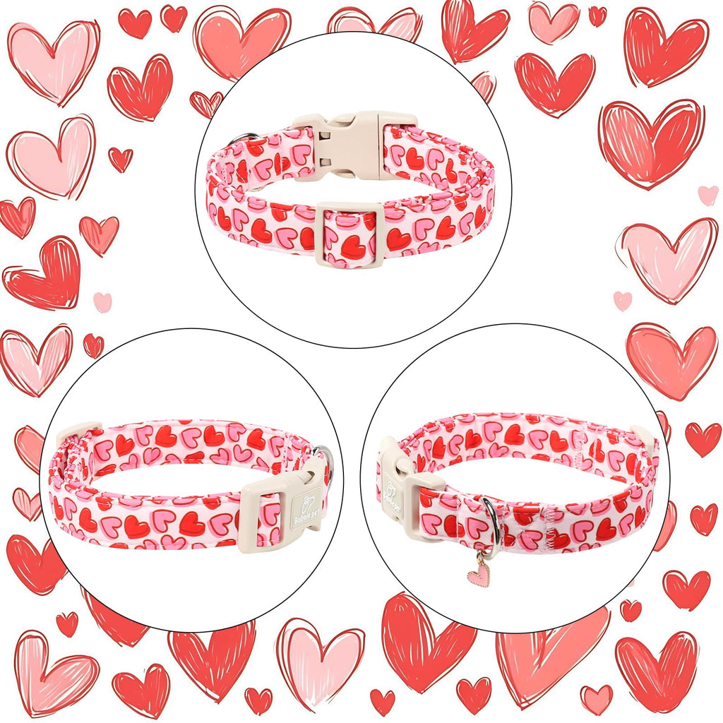 Babole Pet Valentines Dog Collar for Small Dogs - Pink Valentine Hearts Dog Collars, Girly Love Female Dogs Collars, Lightweight Adjustable Cute Puppy Collar with Quick-Release Buckle S