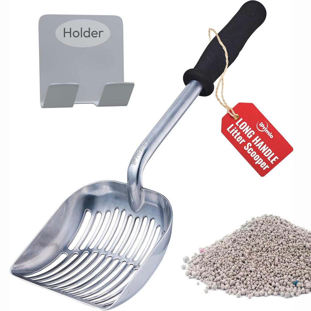 iPrimio Metal Cat Litter Scoop, Non Stick Plated, Long 17" Handle, Silver