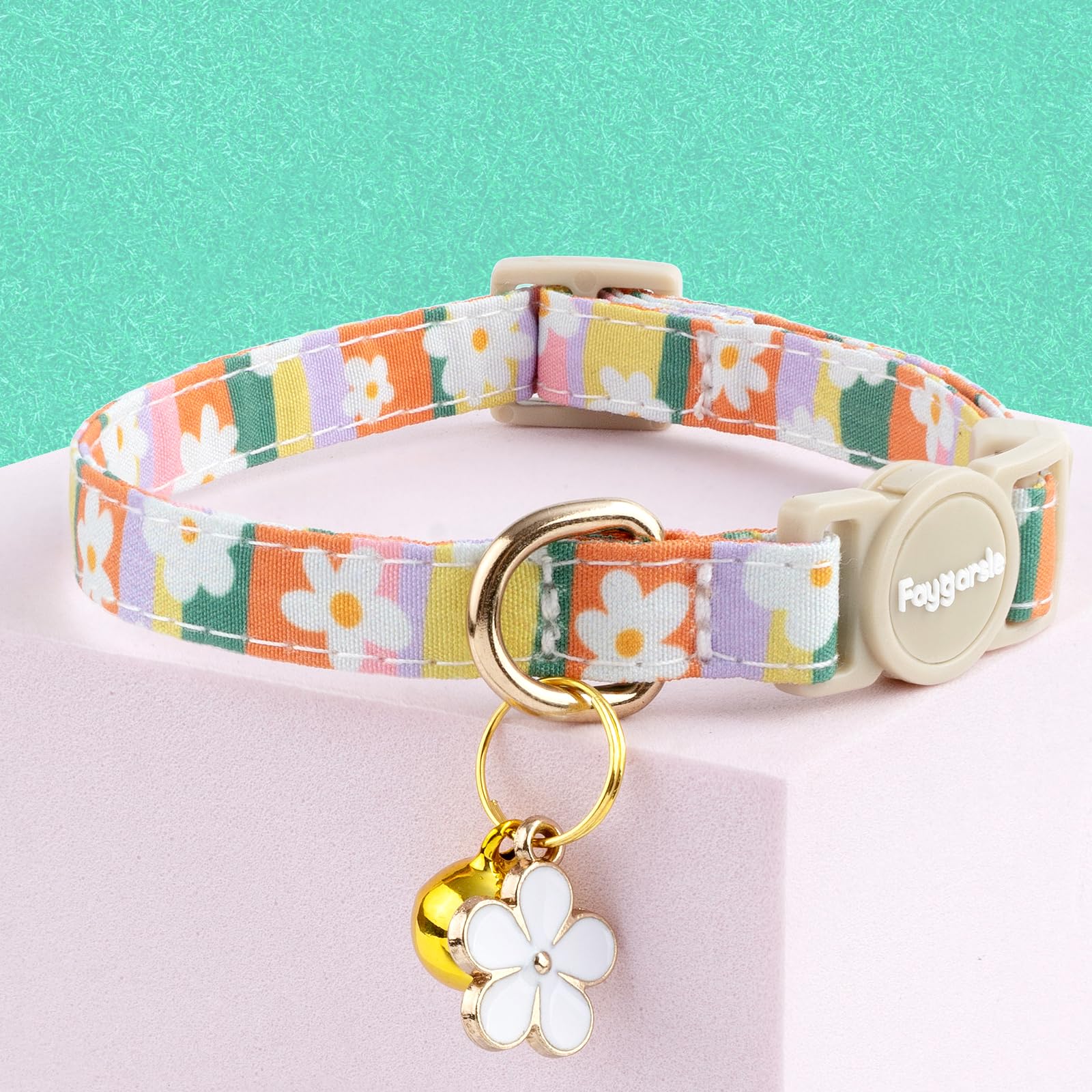 Faygarsle 2 Pack Striped Plaid Floral Pattern Cat Collars Breakaway Safety Collar with Bell Spring Summer Design for Girl Cats,Yellow Multicolor