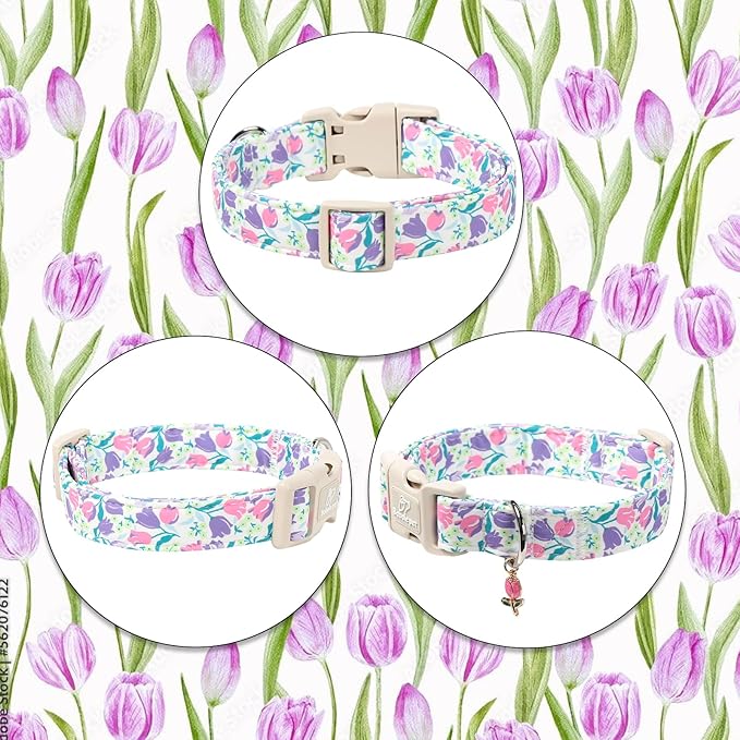 Babole Pet Floral Dog Collar for Large Dogs - Pink Purple Tulips Print Dog Collars, Spring Summer Cute Flower Puppy Collar, Lightweight Adjustable April Holiday Boy Girl Dogs Collars XL