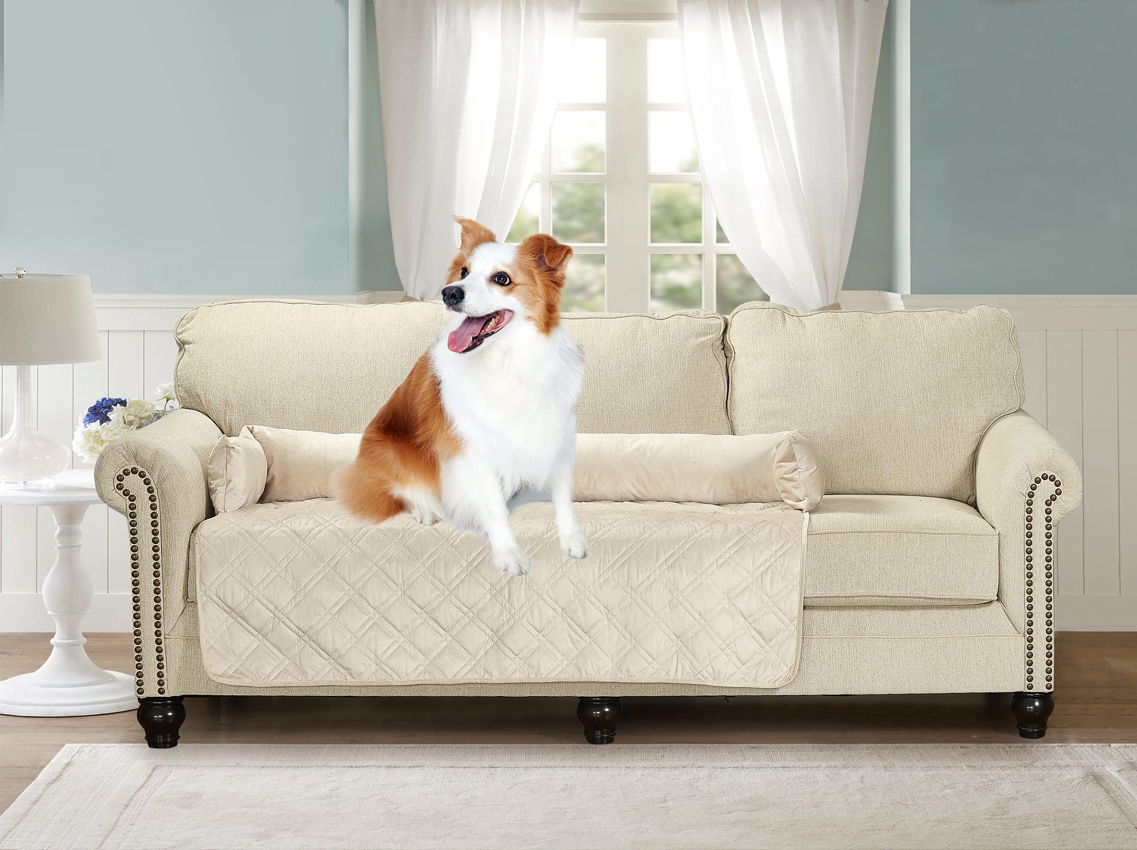 Brilliant Sunshine Latte Grey Paris & Toile Dog Sofa Slipcover, Small