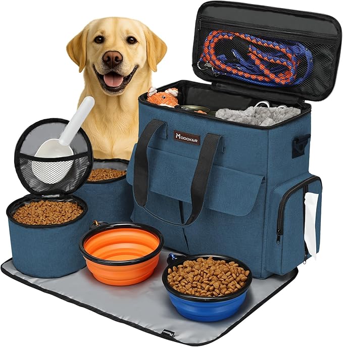 Modoker Dog Travel Organizer Carriers for Supplies & Accessories, Airline Approved Cat Pet Travel Bag, 2 Collapsible Bowls, 2 Travel Dog Food Container
