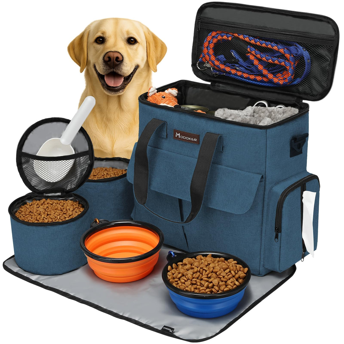 Modoker Dog Travel Organizer Carriers for Supplies & Accessories, Airline Approved Cat Pet Travel Bag, 2 Collapsible Bowls, 2 Travel Dog Food Container, Purple