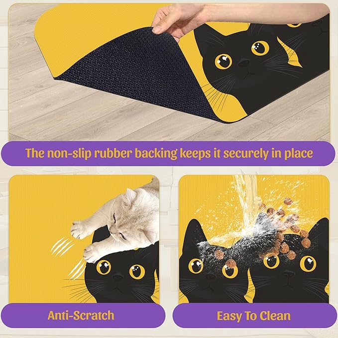 Cute Black Cat Peeking Pet Bowl Mat, Absorbent Placemat for Food and Water, Waterproof Non-Slip Rubber Base – 16x24 Inch