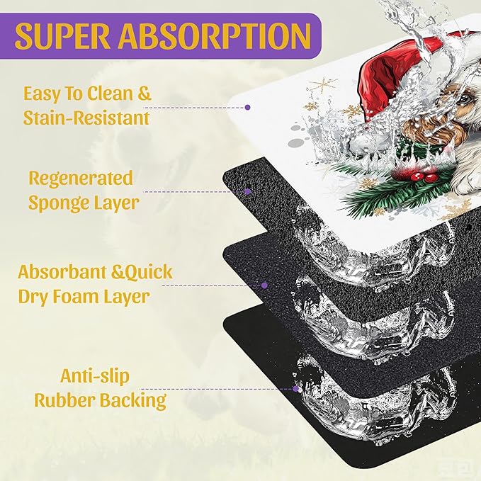 Christmas Dog and Cat Food Mat, Absorbent Feeding Placemat, Waterproof Non-Slip Rubber Base – 12x20 Inch