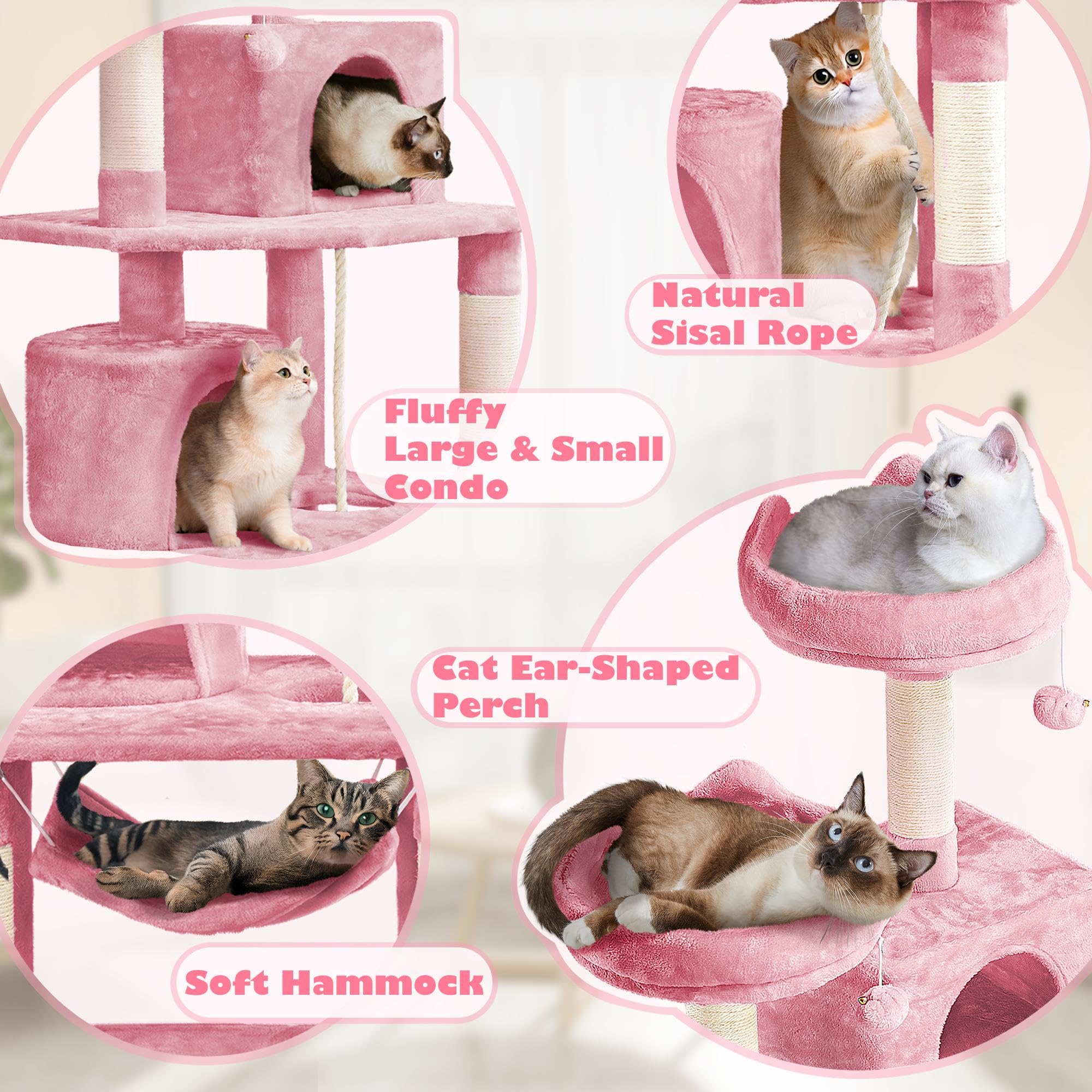 Yaheetech 62.5inches Cat Tree Cat Tower Cat Condo with Platform & Hammock, Scratching Posts for Kittens Pet Play House with Plush Perch for Indoor Activity Relaxing, Pink