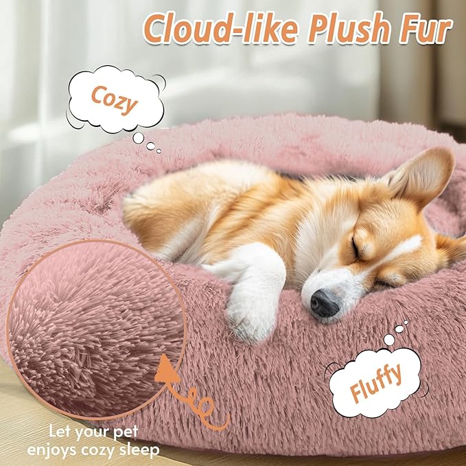 JOLLYVOGUE Calming Dog Bed Medium Size Dog, 31in Donut Washable Medium Pet Bed, Anti-Slip & Anti-Anxiety Fluffy Faux Fur Round Dogs Bed, Fits up to 45 lbs Pets (Dark Pink)