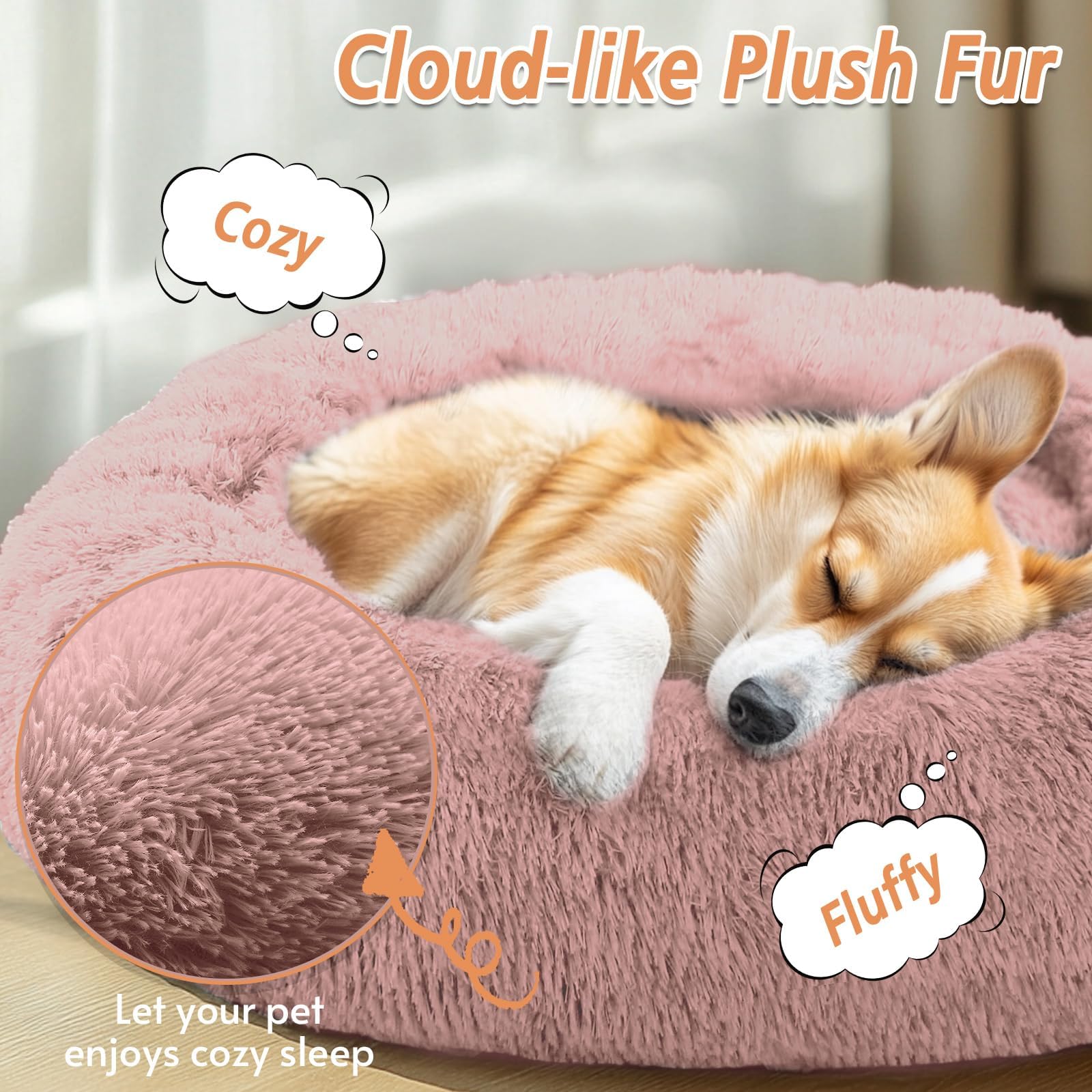 JOLLYVOGUE Calming Dog Bed Medium Size Dog, Anti-Anxiety Donut Medium Pet Bed, 27 inches Fluffy Faux Fur Round Cat Bed (Dark Pink)