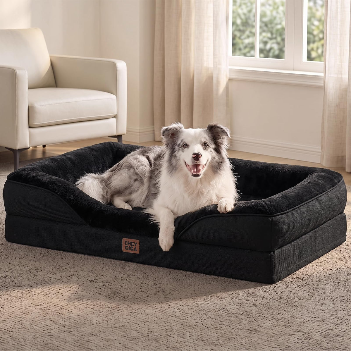 EHEYCIGA Orthopedic XL Dog Bed for Large Dog, Memory Foam Dog Couch, Beige