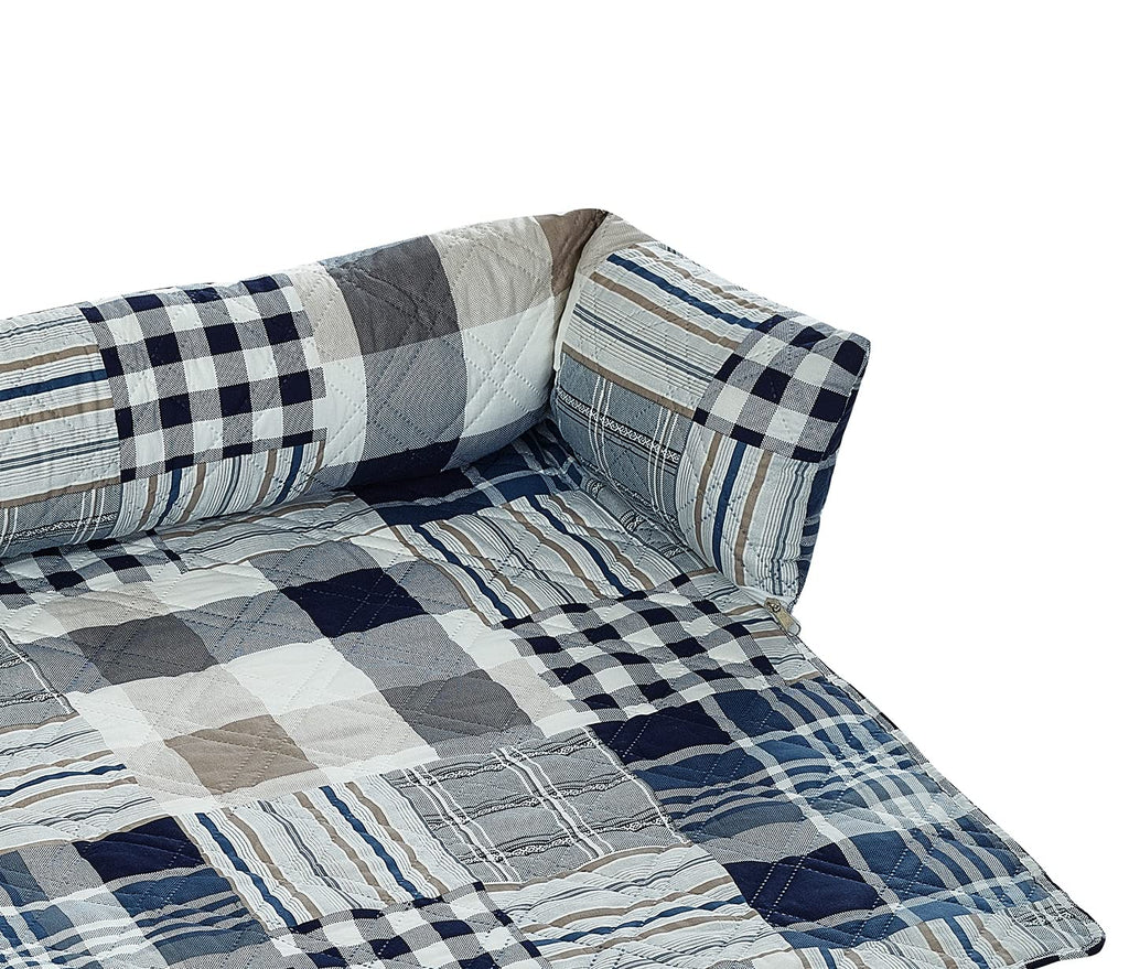 Brilliant Sunshine Blue Plaids and Stripes Patchwork Pet Sofa Bed, Quilted, Slip Resistant, Washable Couch Protector with Removable Bolster Cushions, Furniture Cover for Pets, Dogs, Cats, Medium, Blue