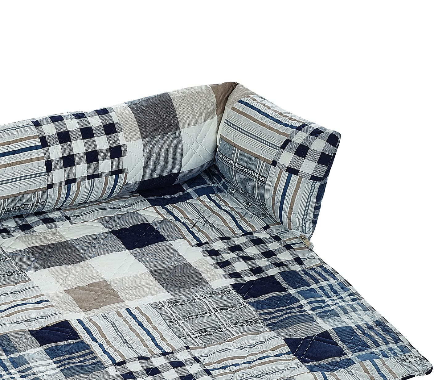 Brilliant Sunshine Blue Plaids and Stripes Patchwork Pet Sofa Bed, Quilted, Slip Resistant, Washable Couch Protector with Removable Bolster Cushions, Furniture Cover for Pets, Dogs, Cats, Medium, Blue