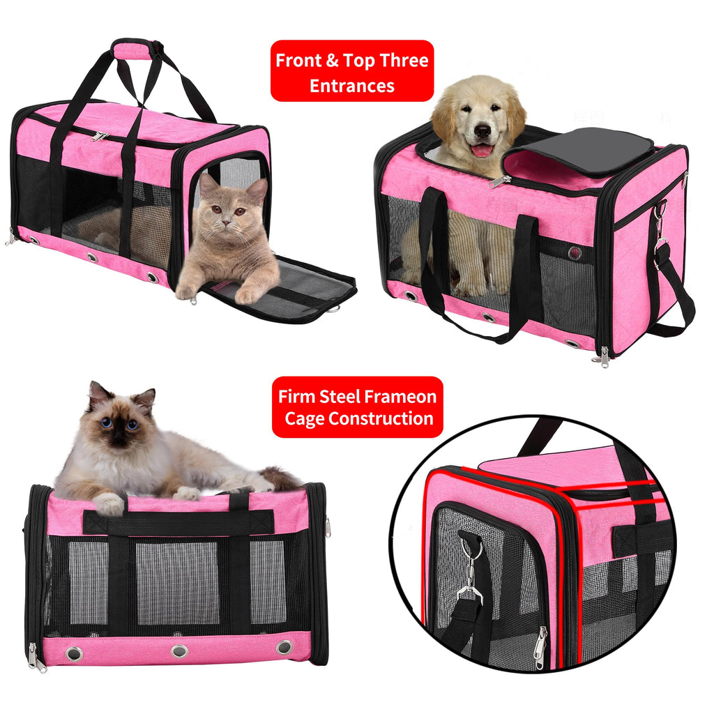 Soft Sided Cat/Dog Carrier,Collapsible Pets Travel Carriers for Pet/Puppy with Shoulder Strap & Removable Mat,Mesh Top Load Small Dogs/Cats Carry Bag Up to 25 Lbs（Pink,L）