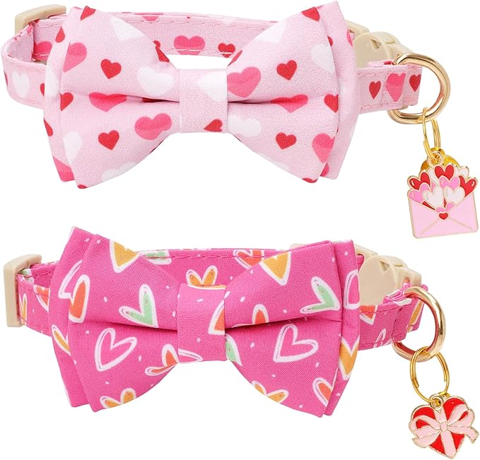 Faygarsle 2 Pack Fall Pumpkin Cat Collar with Bow Tie and Bell, Breakaway Safety Buckle, Pink and White