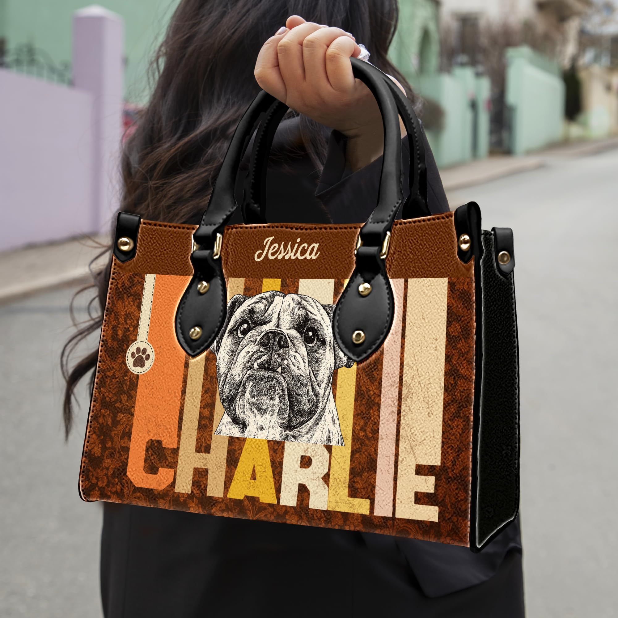 Personalized Pet Mom Leather Handbag – Custom Name Dog Cat Photo Purse, Pet Lover Gifts for Women, Christmas (Style 8)